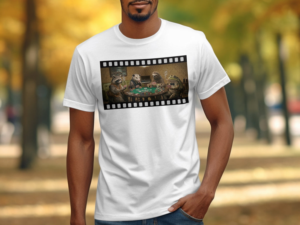 Film strip graphic on a white t-shirt shows animals playing poker.