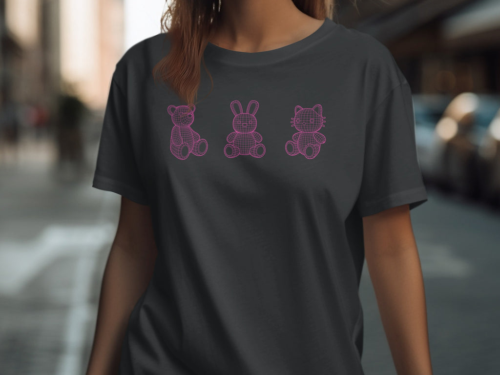Dark gray t-shirt with a pink wireframe teddy bear, bunny, and cat design.