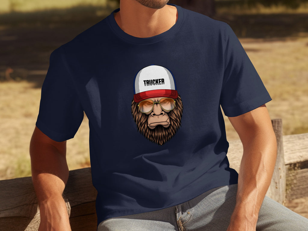 Navy t-shirt with illustration of Bigfoot wearing sunglasses and a trucker hat.