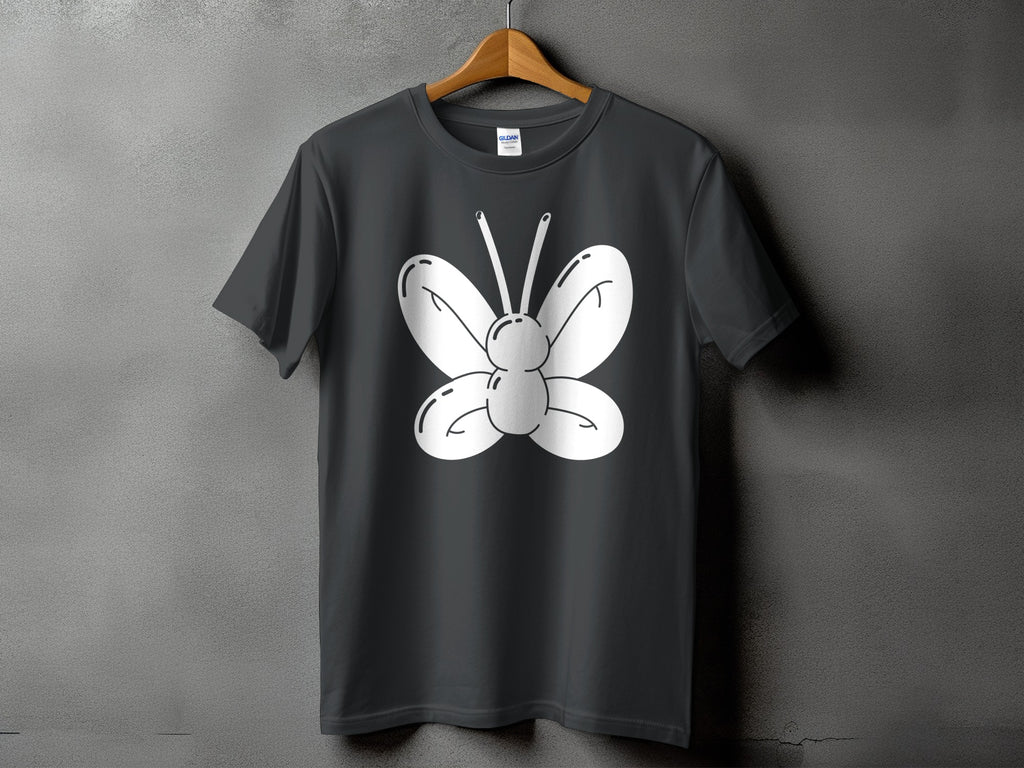 Dark grey t-shirt with a white cartoon butterfly graphic on the chest.
