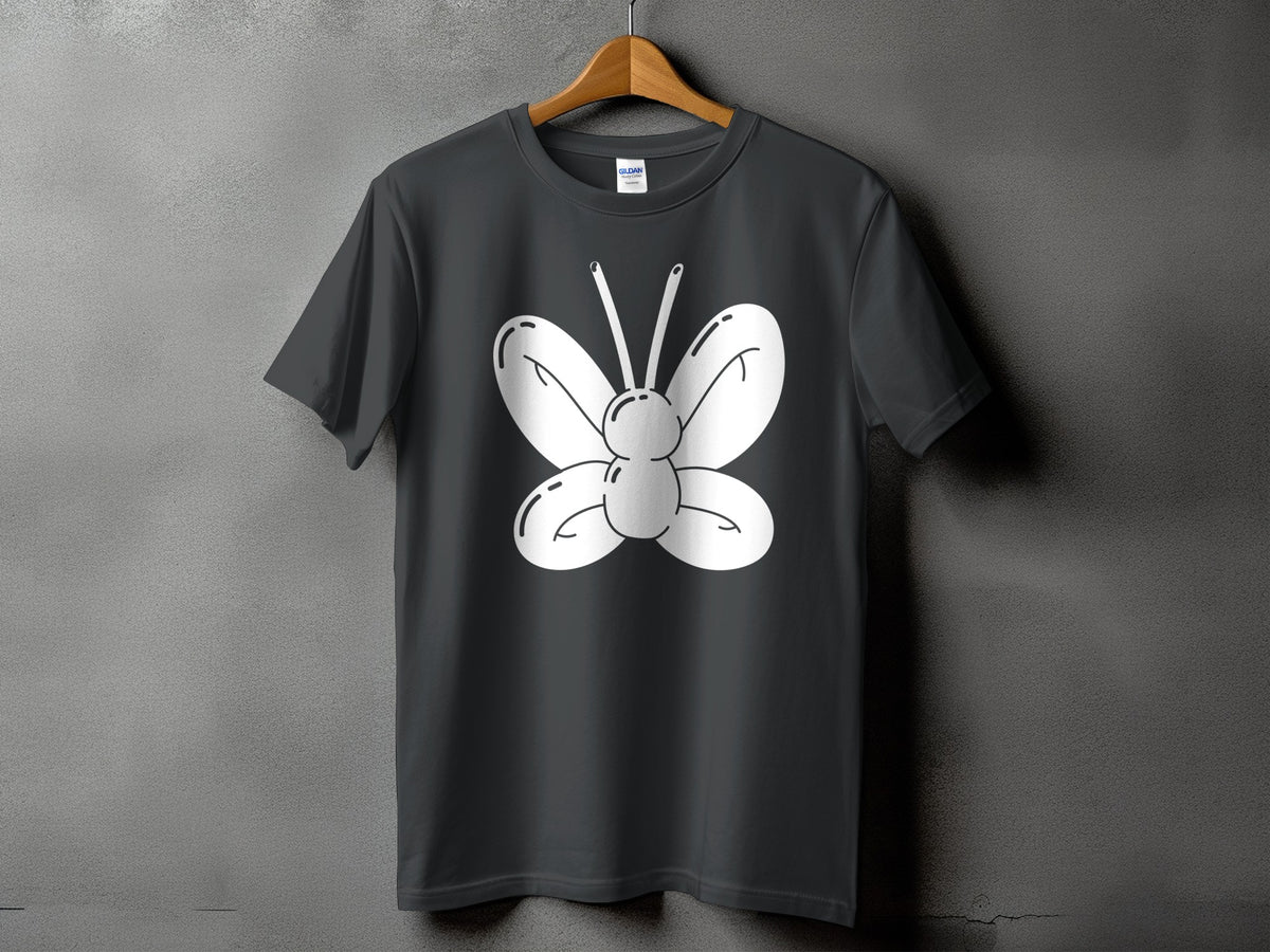Dark grey t-shirt with a white cartoon butterfly graphic on the chest.