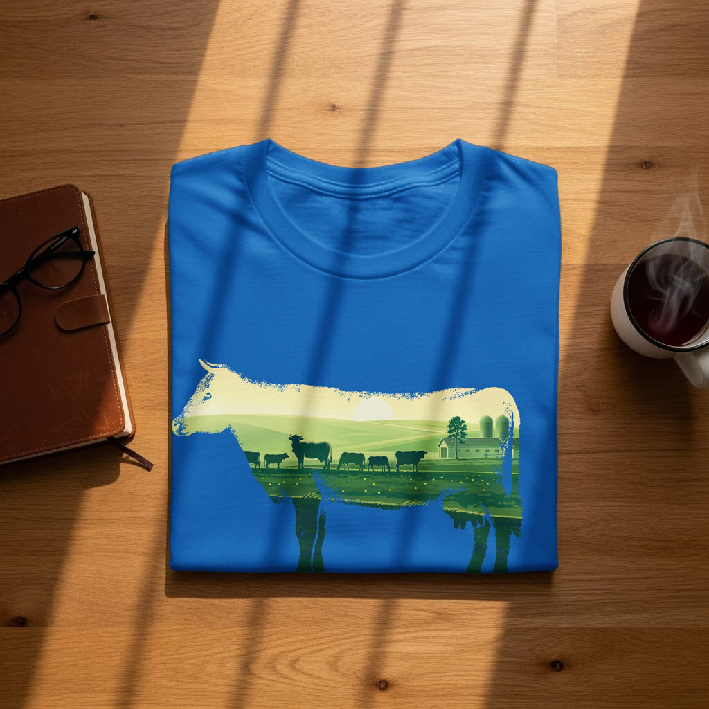 Blue t-shirt with a white outline of a cow filled with a farm landscape scene.