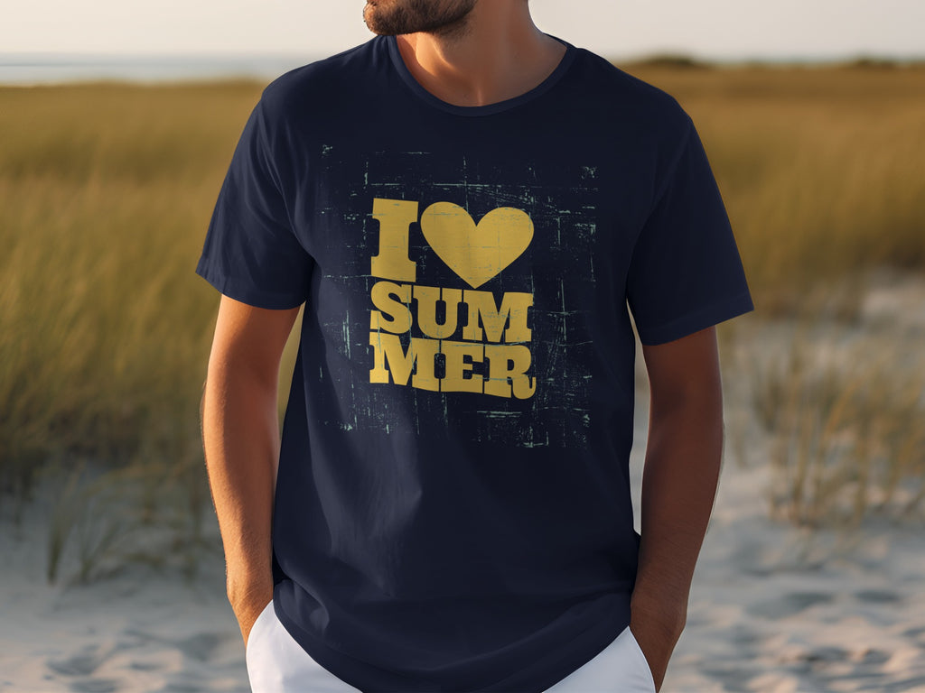 Navy t-shirt with yellow "I love Summer" graphic and distressed texture.