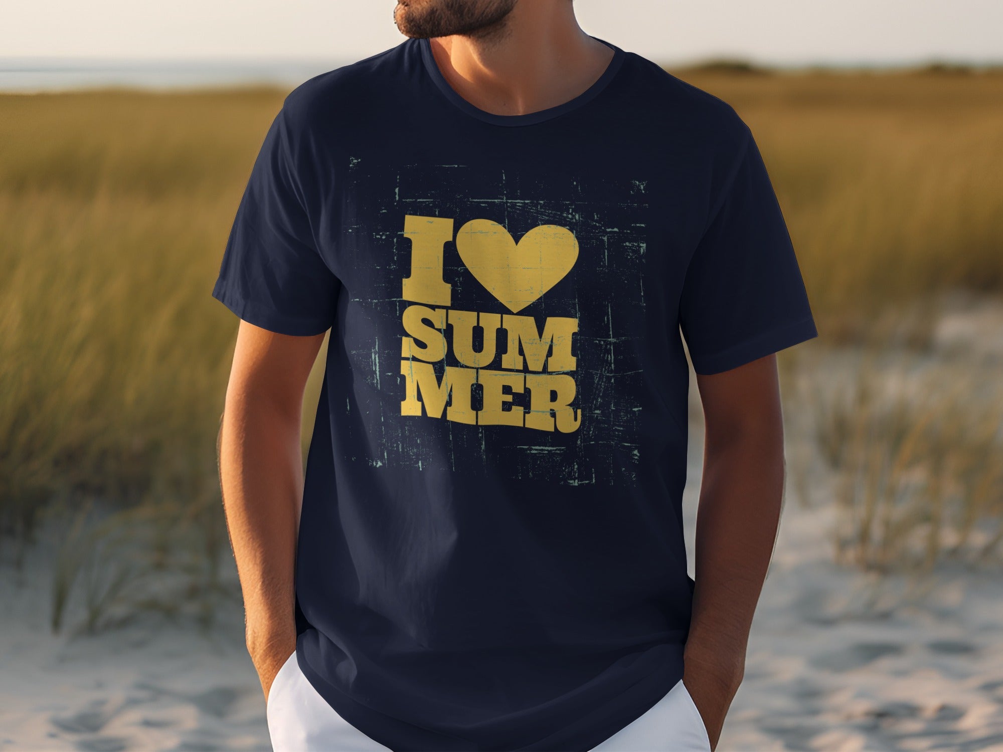 Navy t-shirt with yellow "I love Summer" graphic and distressed texture.