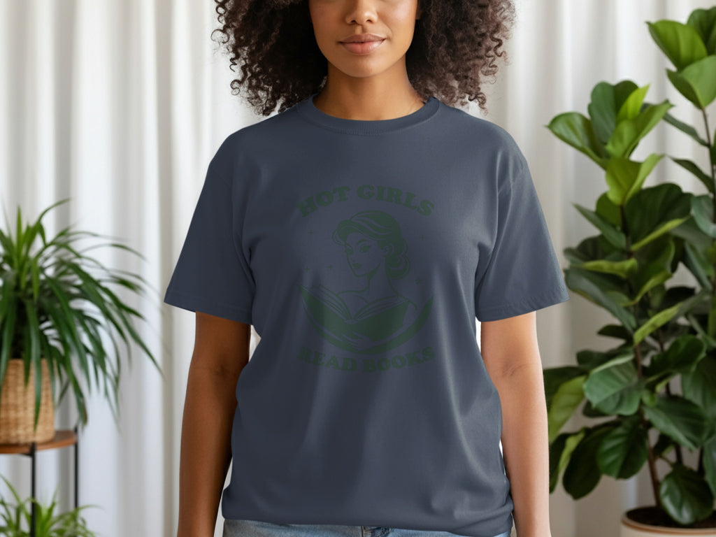 Dark gray t-shirt with green graphic "Hot Girls Read Books" and illustration of woman reading.