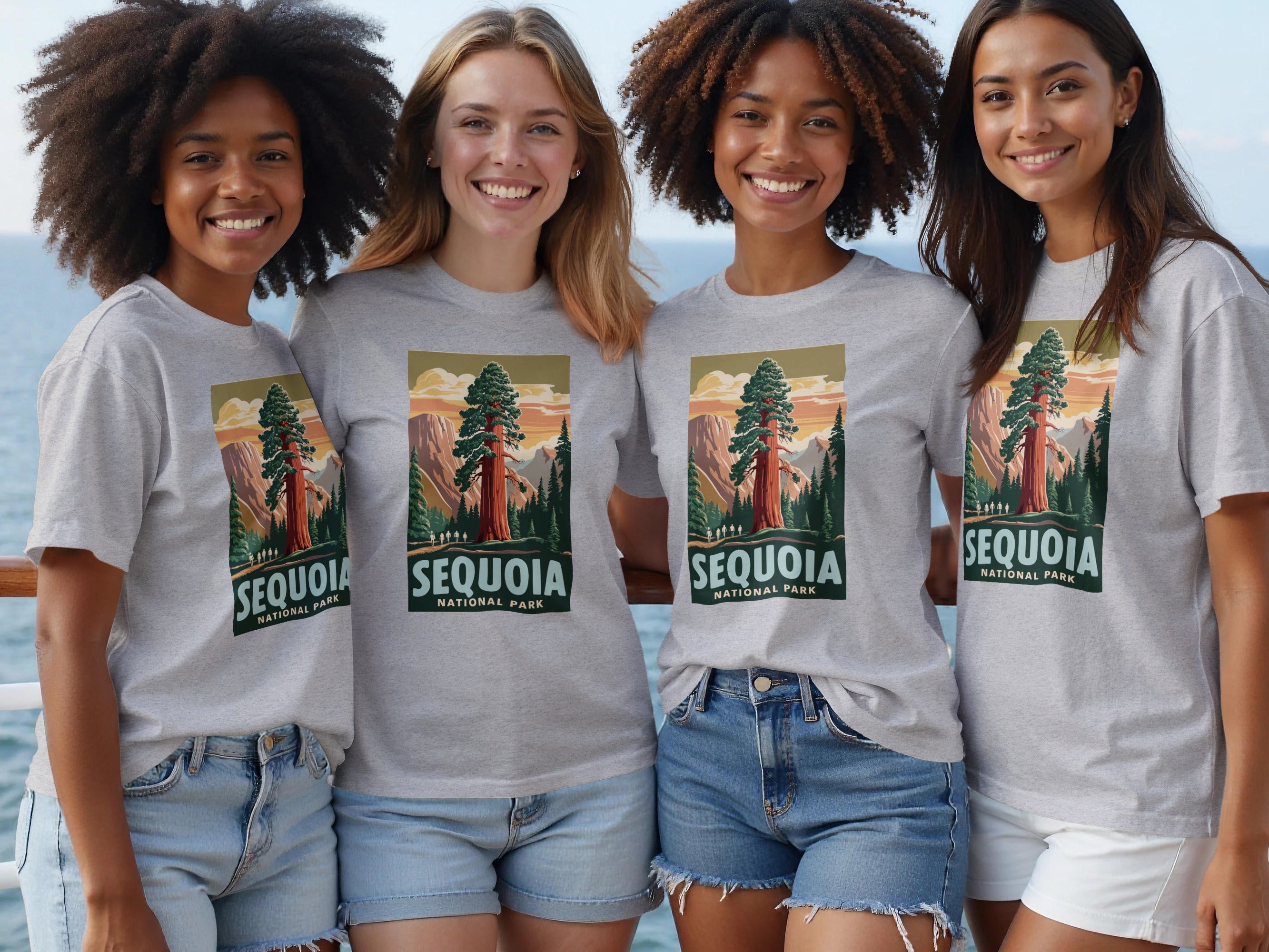 Four women wear grey t-shirts with a Sequoia National Park graphic.