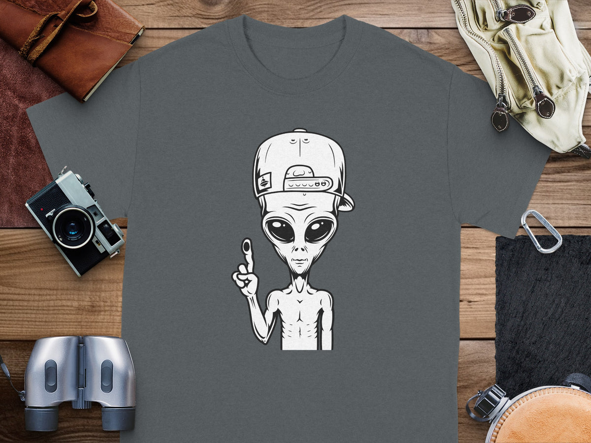 Grey t-shirt with a cartoon alien wearing a backward baseball cap and holding up one finger.