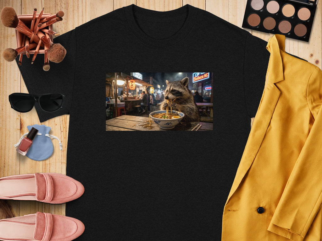 Black t-shirt with a graphic of a raccoon eating ramen in a busy street market.