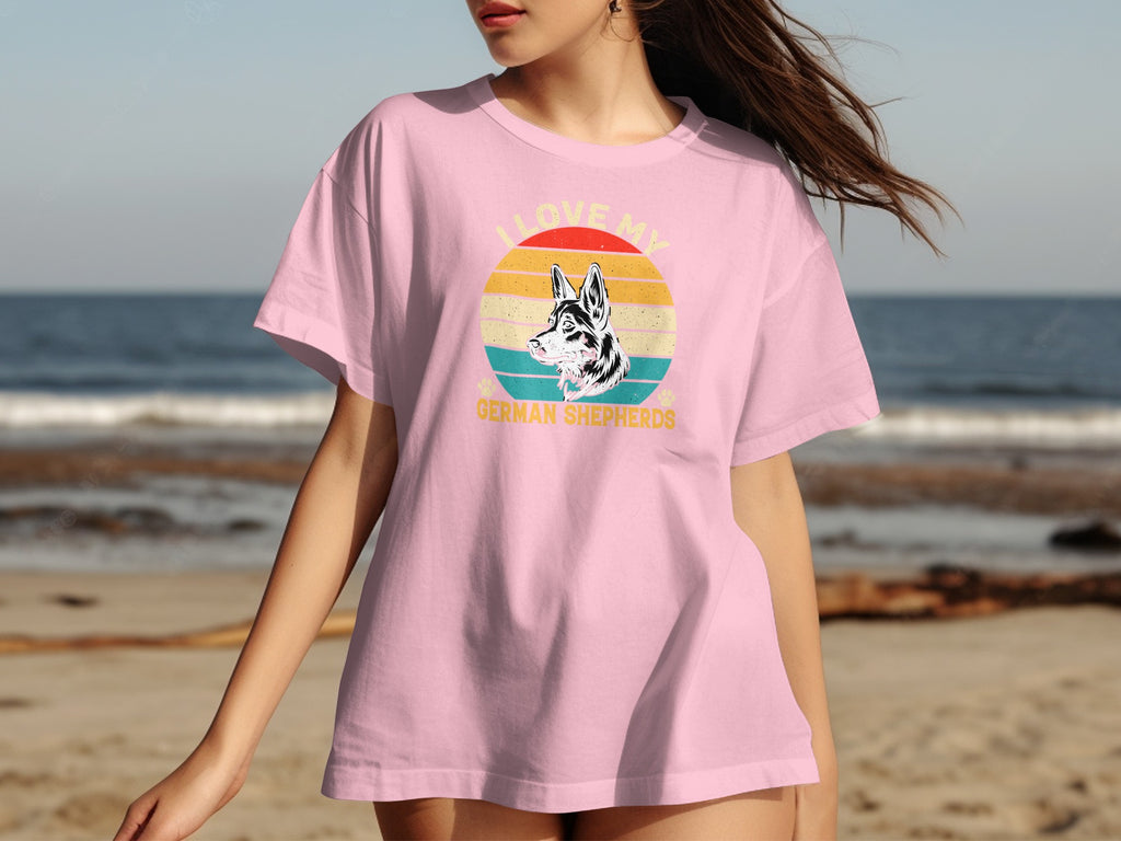 Pink t-shirt with I LOVE MY GERMAN SHEPHERDS text and dog portrait.