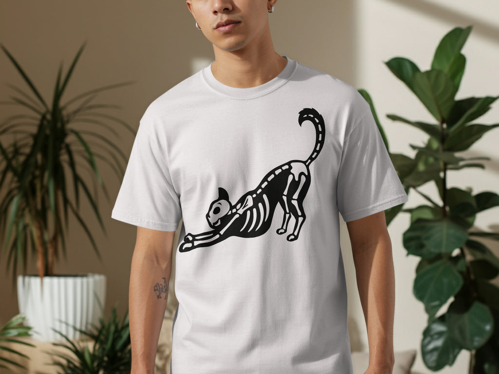 White t-shirt with a black skeleton cat graphic stretching across the chest.