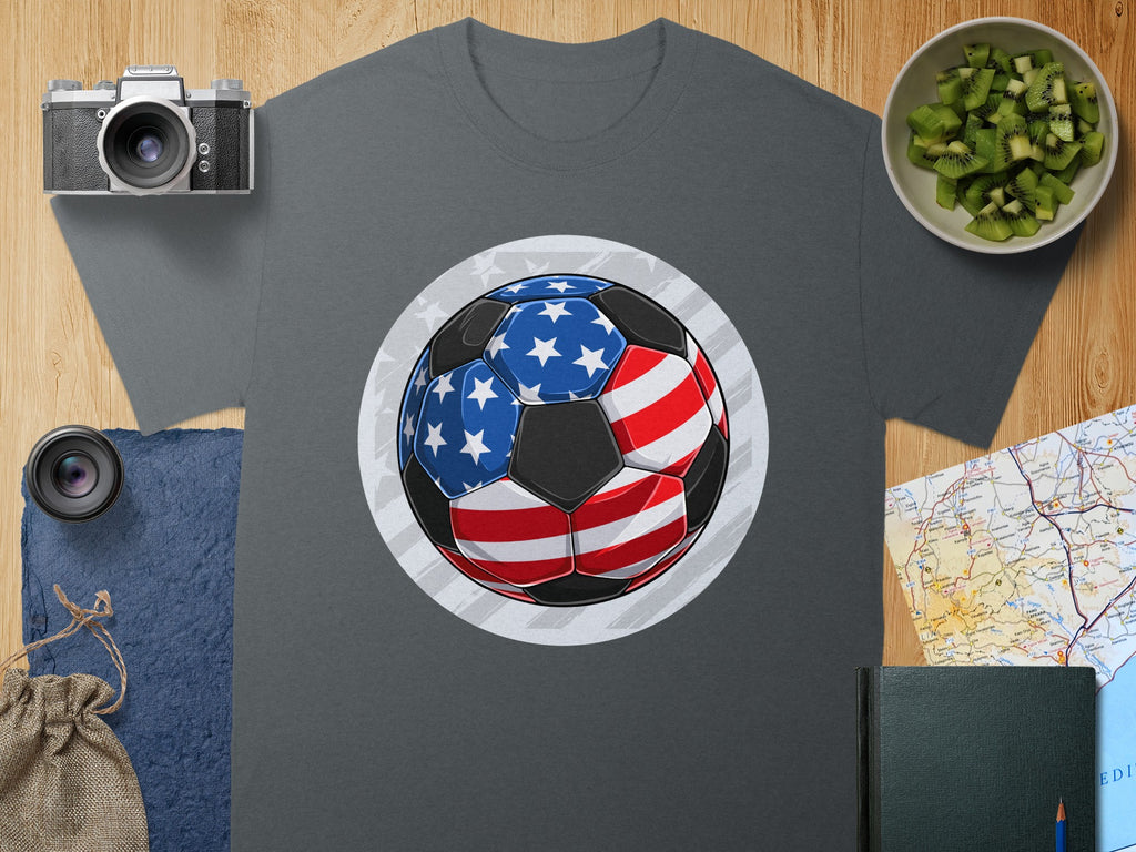 Grey t-shirt featuring a soccer ball with American flag design and a circular star background.