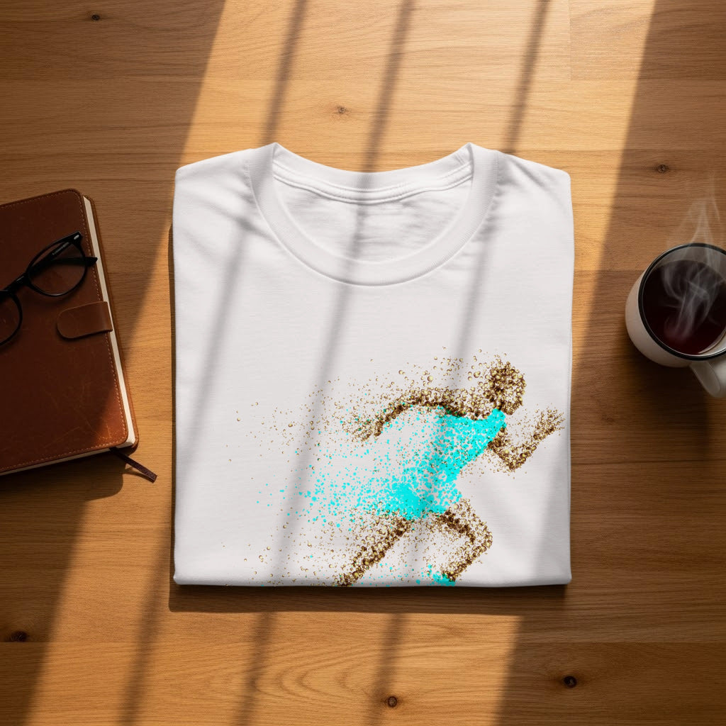 White t-shirt with graphic of a runner dissolving into particles.