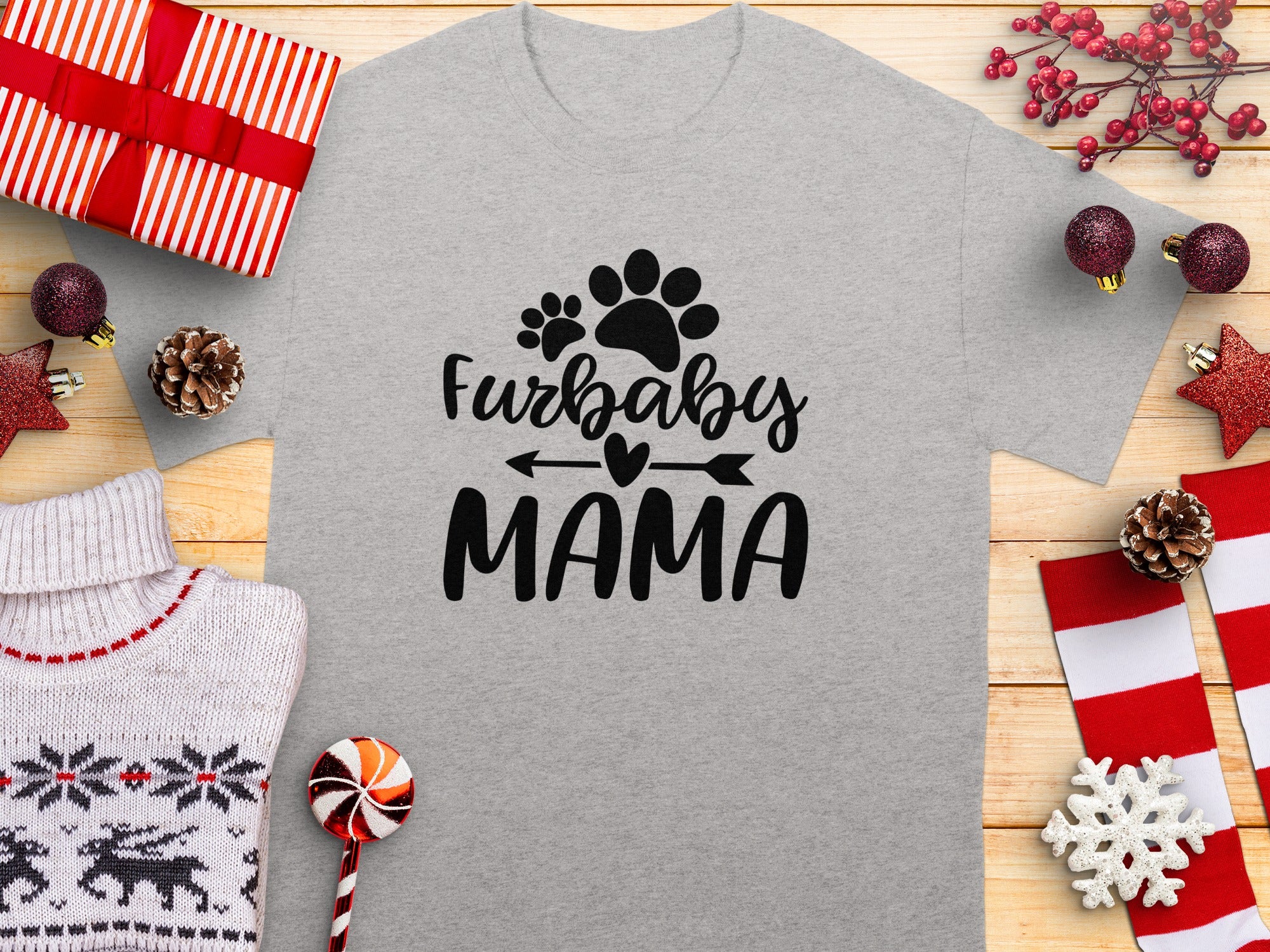 Grey t-shirt with black text "Furbaby MAMA" and paw prints.