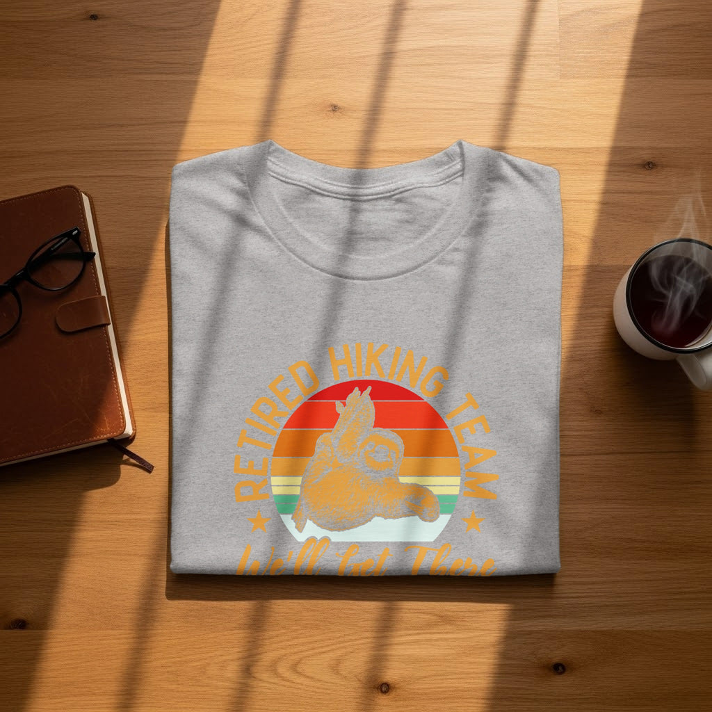 Grey t-shirt with a sloth and text "RETIRED HIKING TEAM We'll get there".