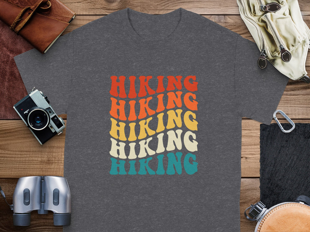 Dark gray t-shirt with stacked "Hiking" text in retro colors.
