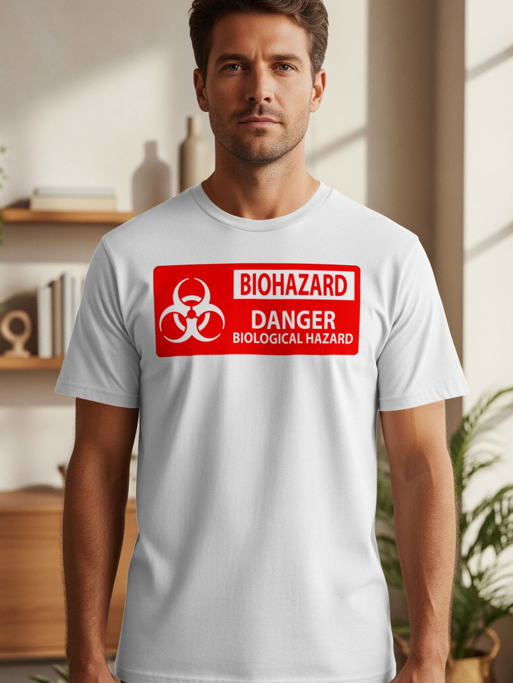 White t-shirt with a red biohazard symbol and text reading "BIOHAZARD DANGER BIOLOGICAL HAZARD".