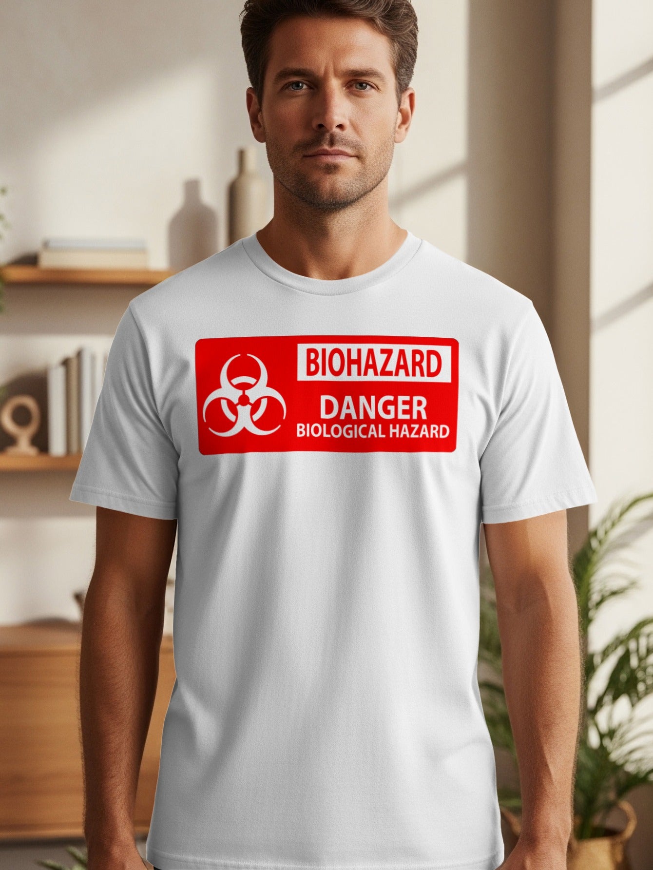 White t-shirt with a red biohazard symbol and text reading "BIOHAZARD DANGER BIOLOGICAL HAZARD".