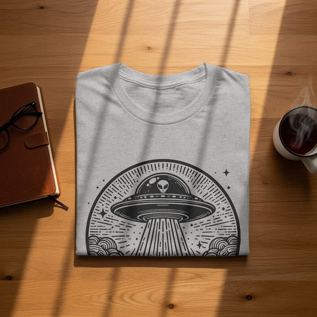 Grey t-shirt with a black UFO and alien graphic on a wooden surface.