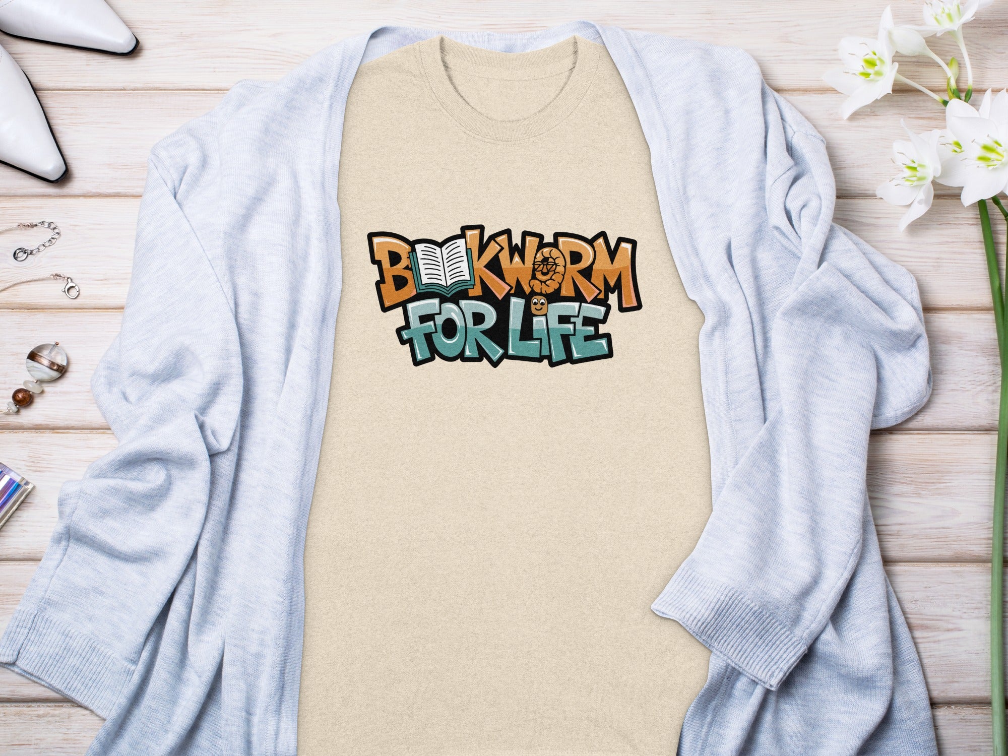 T-shirt with "Bookworm For Life" graphic featuring an open book and a worm.