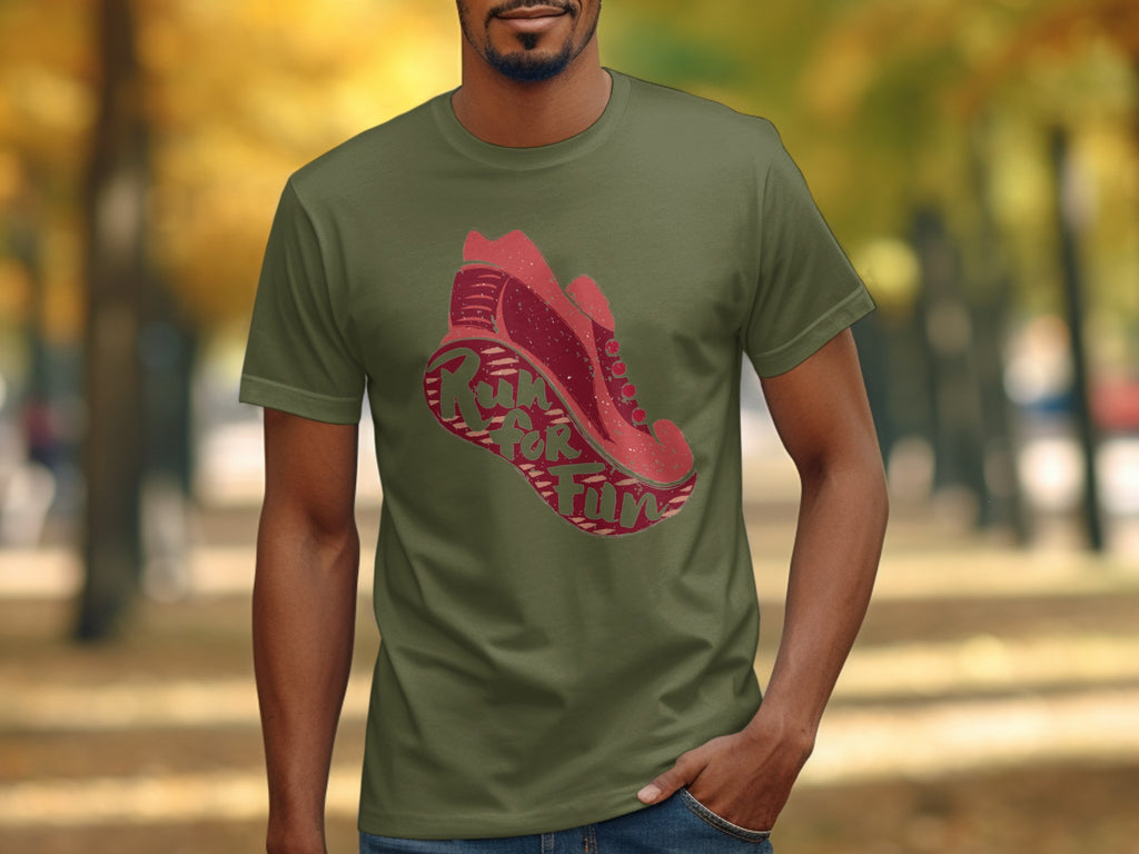Olive t-shirt with red sneaker graphic and "Run for Fun" text.