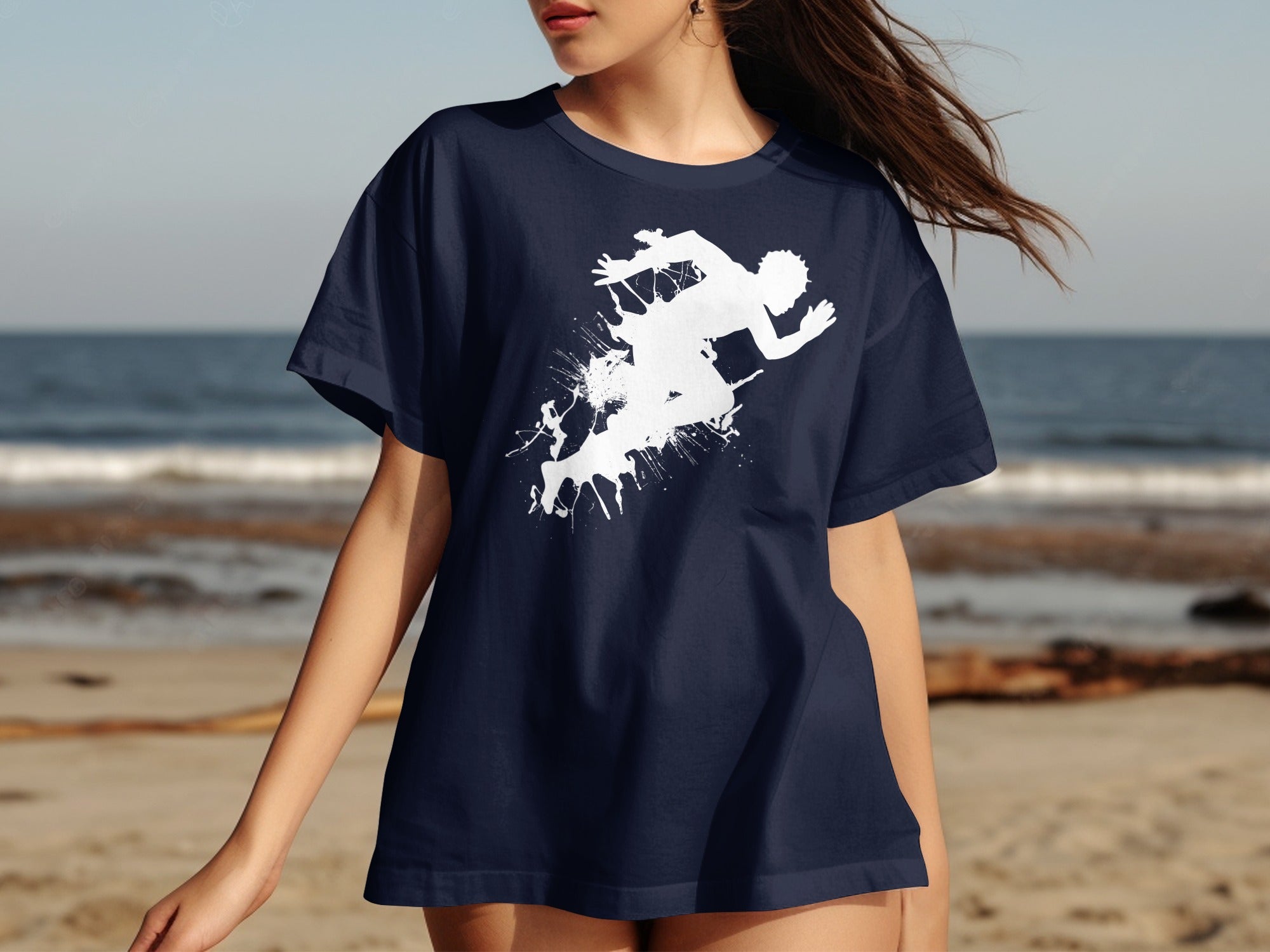 Dark blue t-shirt with white silhouette of a runner and paint splatter design.