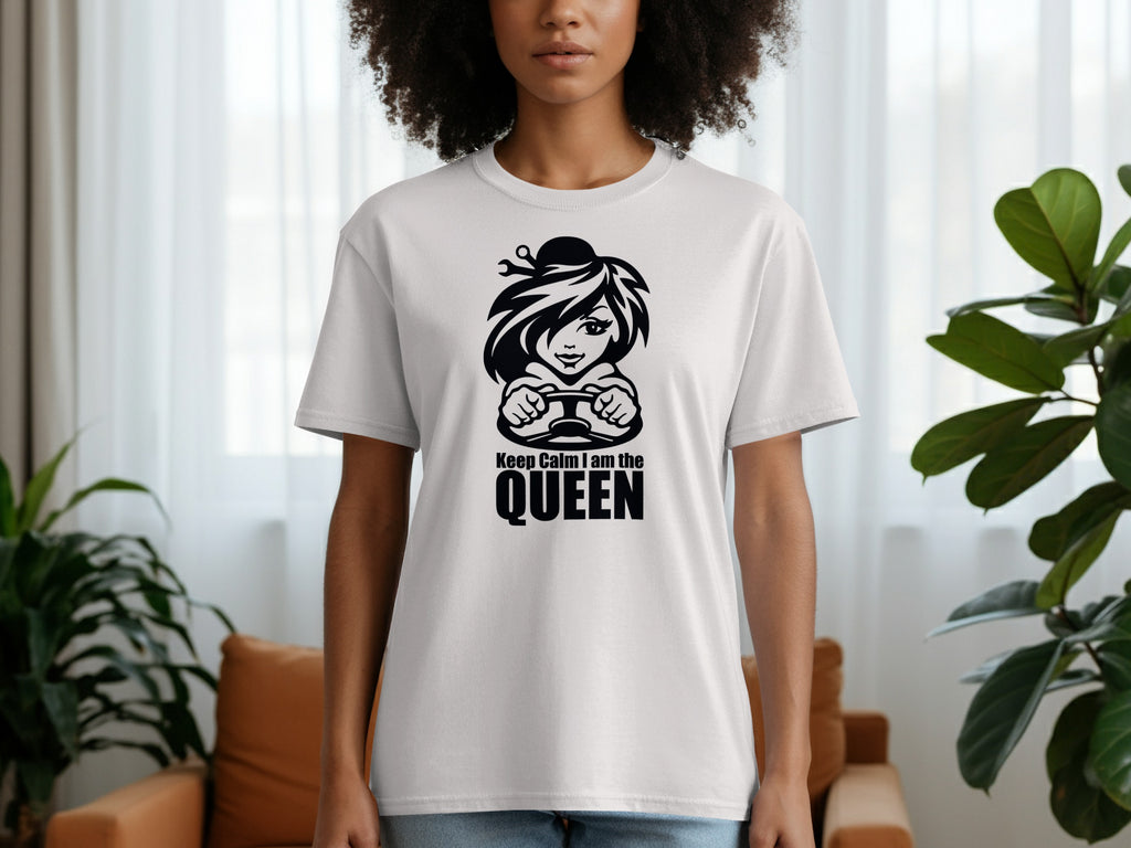 White t-shirt with black graphic of woman holding steering wheel, text "Keep Calm I am the QUEEN".