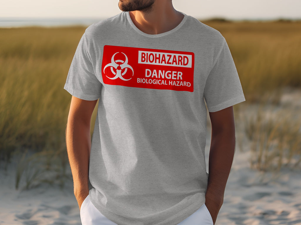 Grey t-shirt with biohazard danger biological hazard symbol and text graphic.