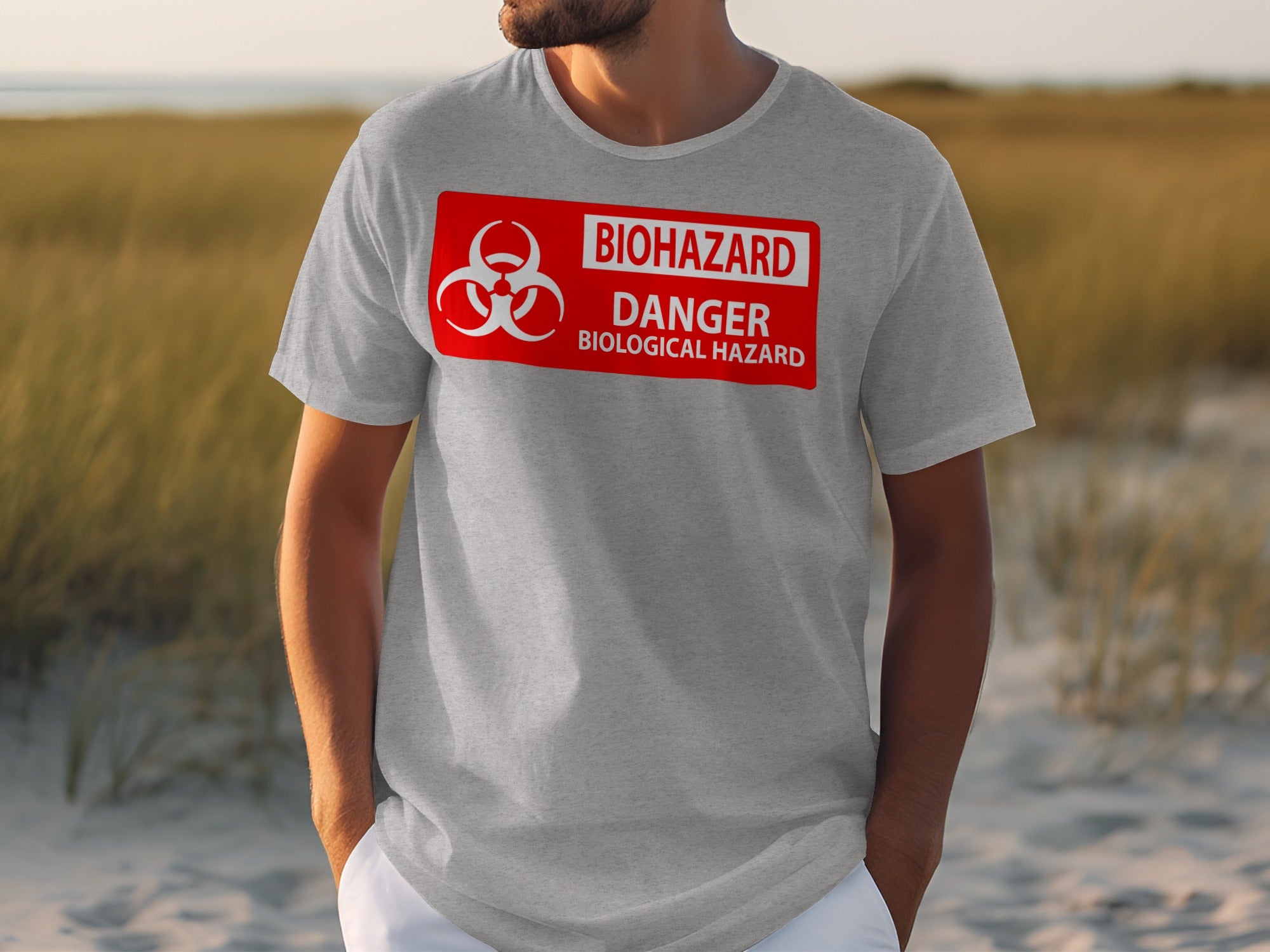 Grey t-shirt with biohazard danger biological hazard symbol and text graphic.