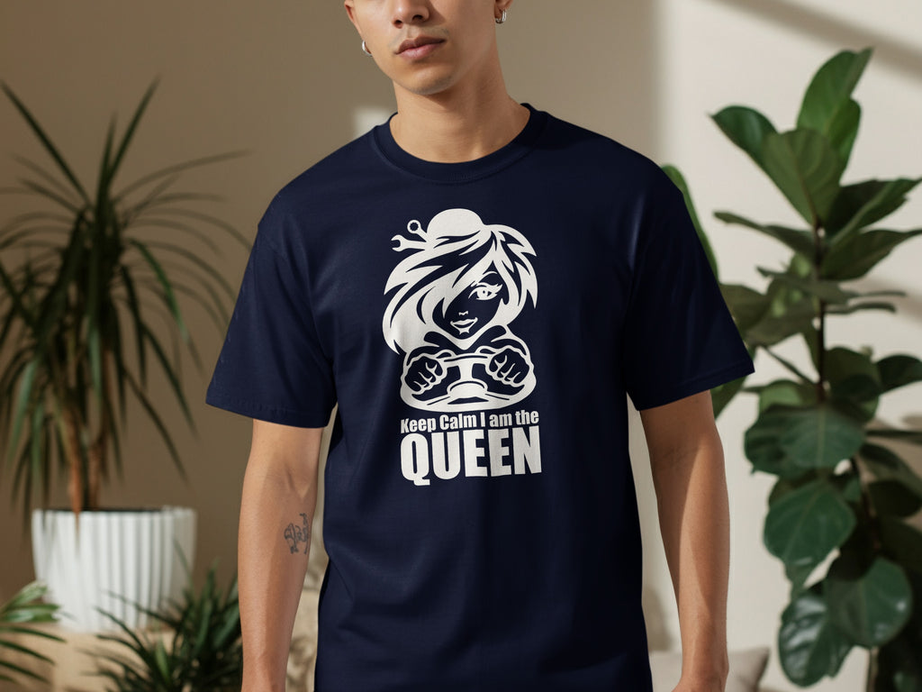 Navy t-shirt with white graphic and text "Keep Calm I am the QUEEN".
