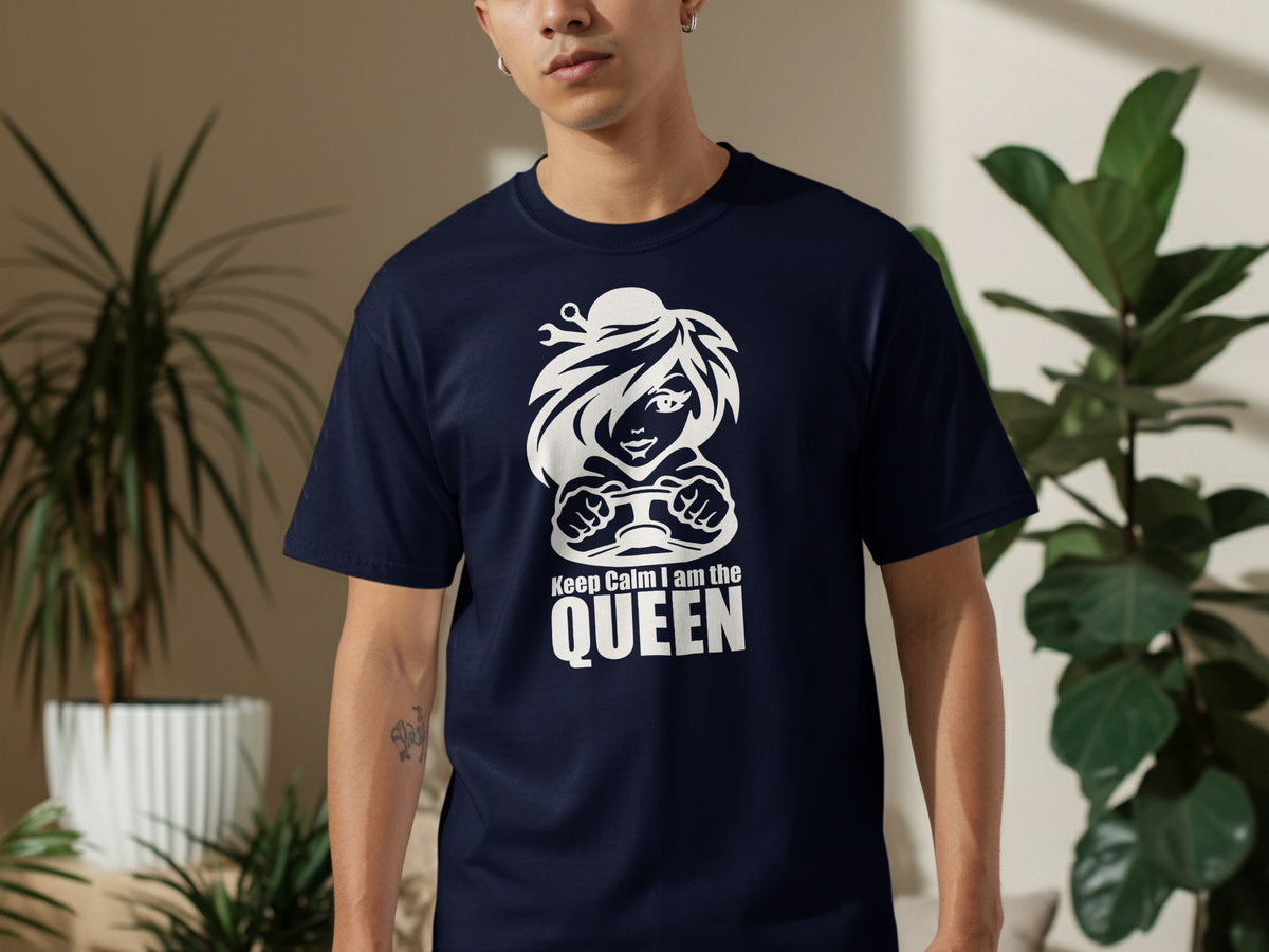 Navy t-shirt with white graphic and text "Keep Calm I am the QUEEN".