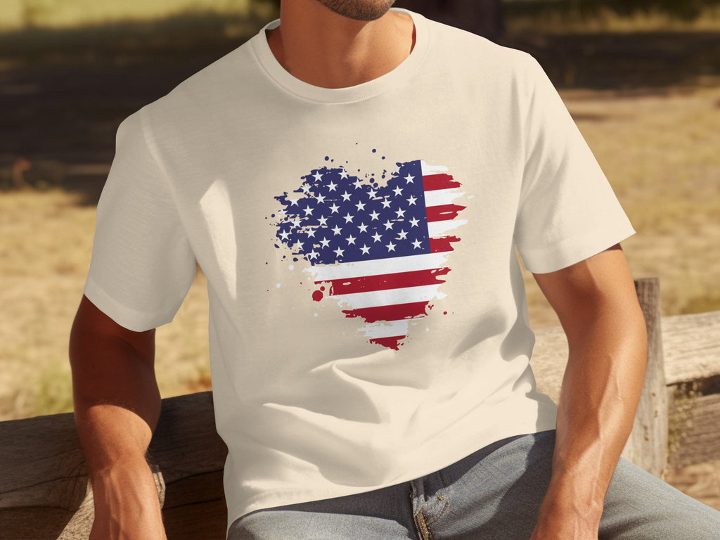 Men's cream t-shirt with a distressed American flag heart graphic design.