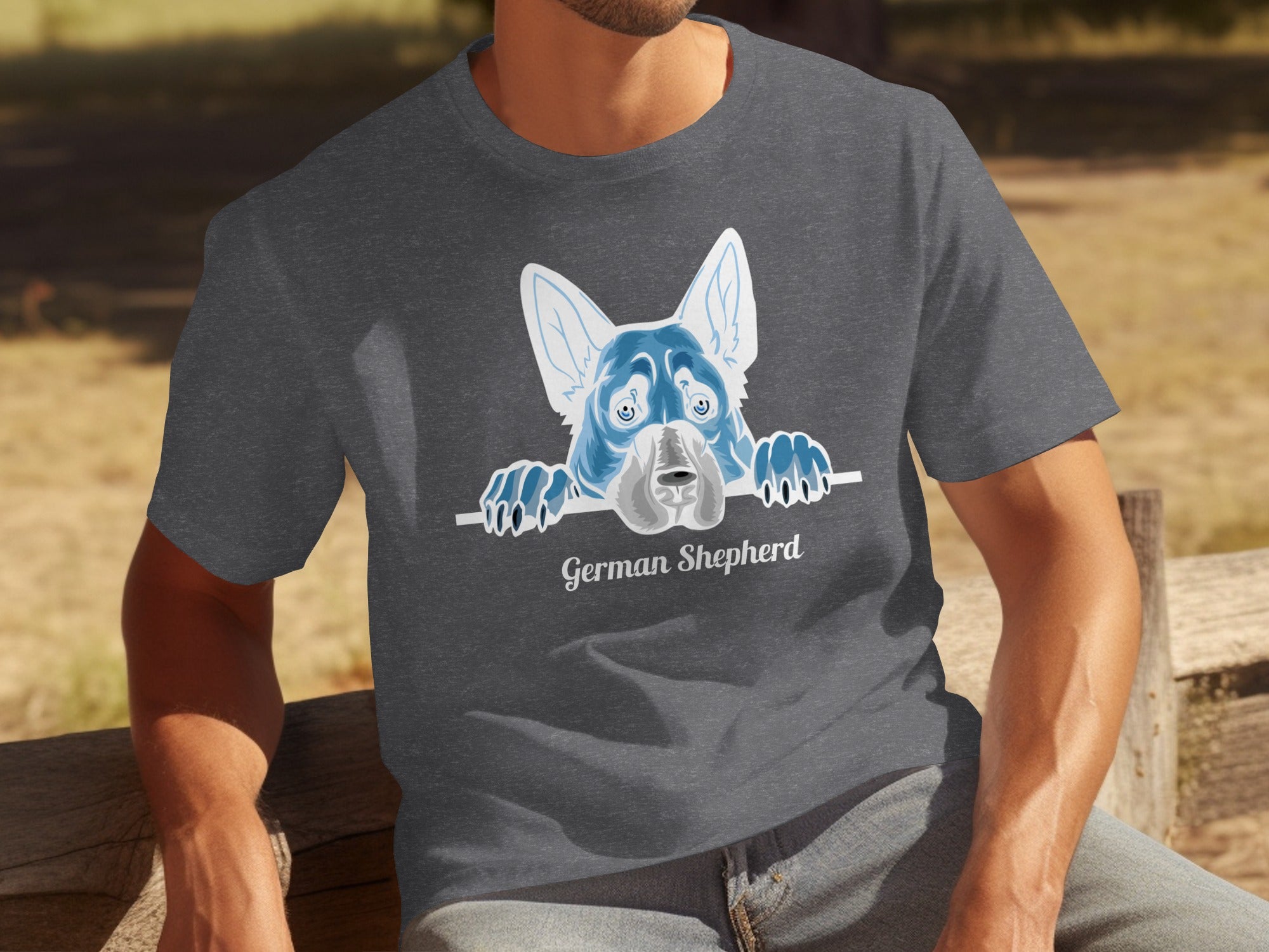 Dark gray t-shirt with blue German Shepherd graphic and text.