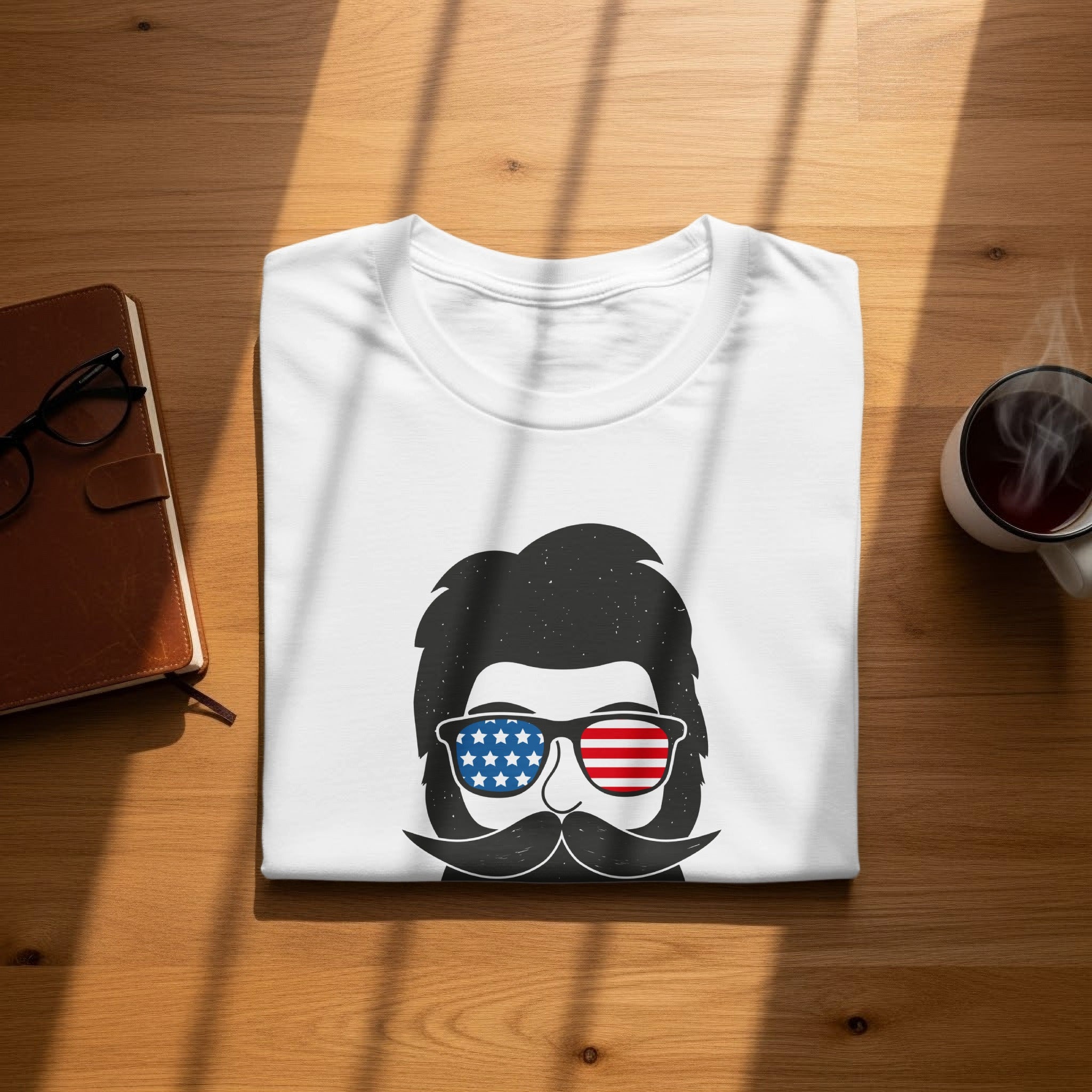 White t-shirt with graphic of man wearing American flag sunglasses and mustache.