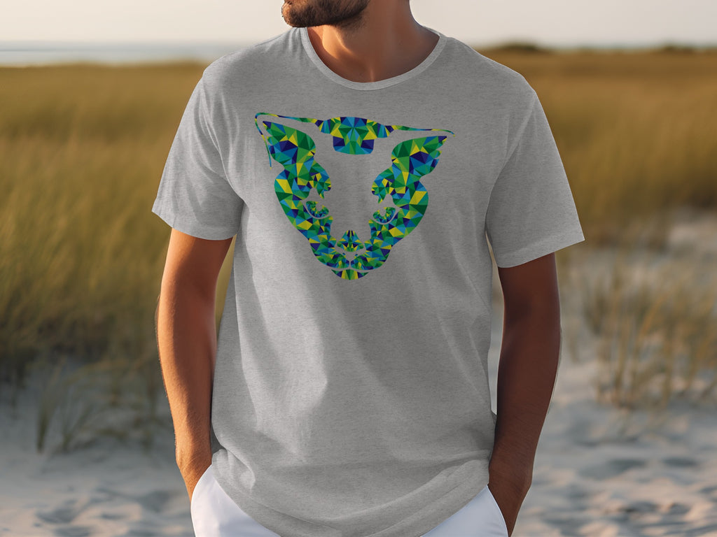 Grey t-shirt with a colorful geometric bulls head graphic central on the chest.