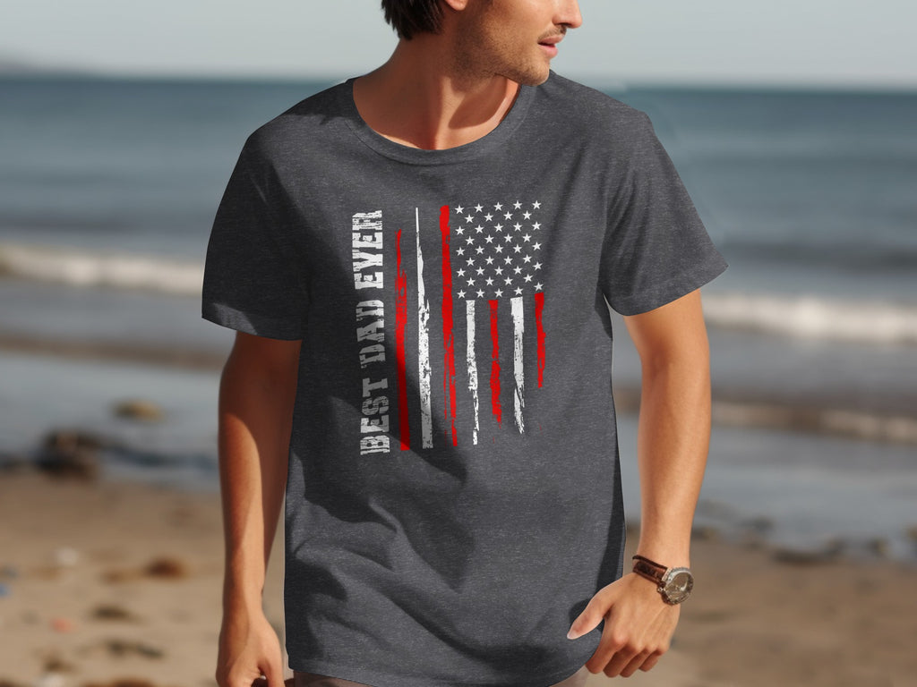Dark gray t-shirt with distressed American flag and "BEST DAD EVER" text.