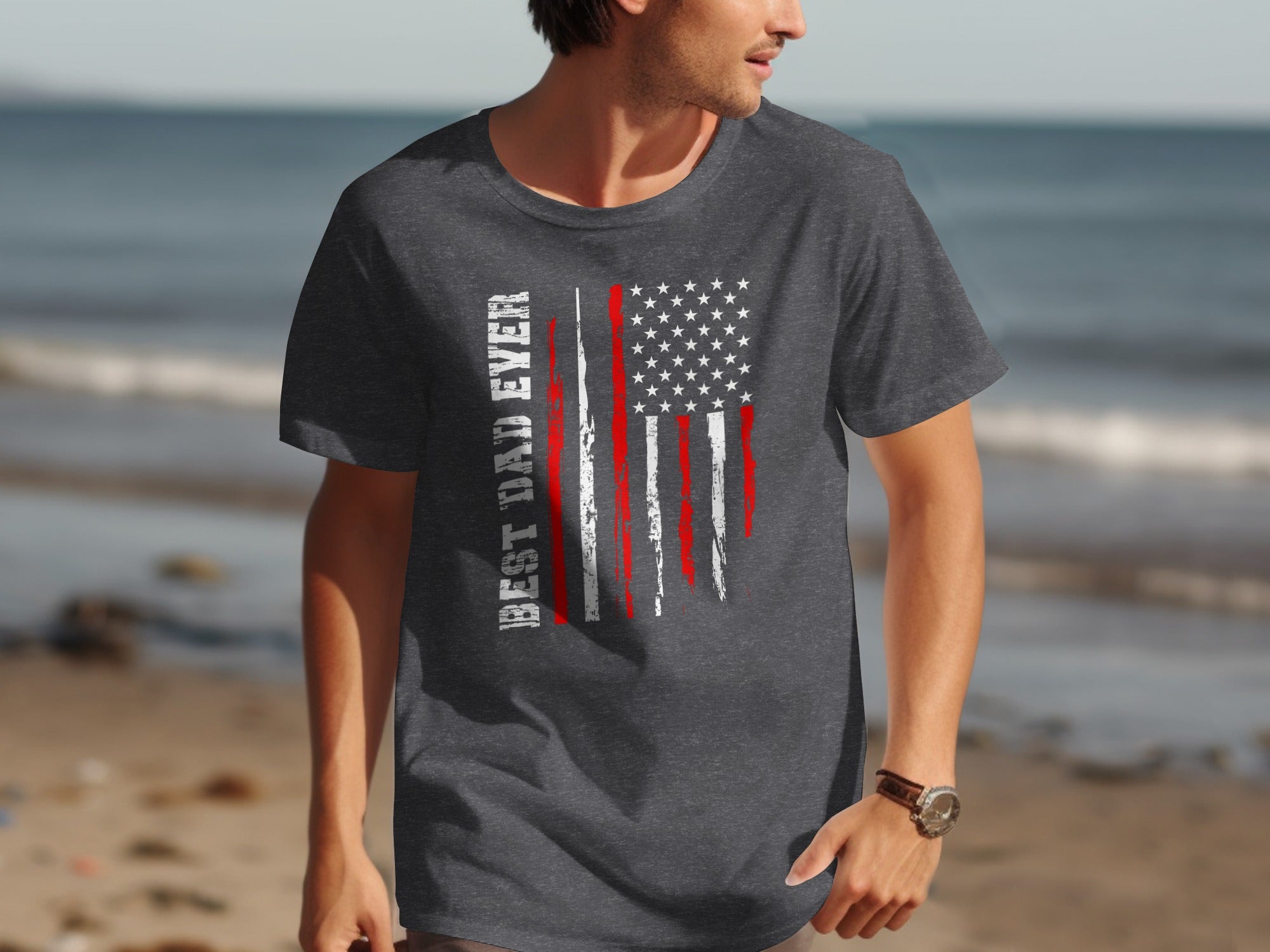 Dark gray t-shirt with distressed American flag and "BEST DAD EVER" text.