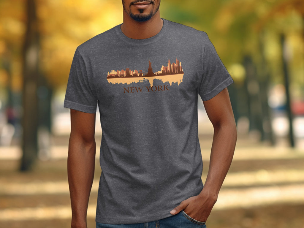 Dark grey t-shirt with New York skyline reflection graphic and text.