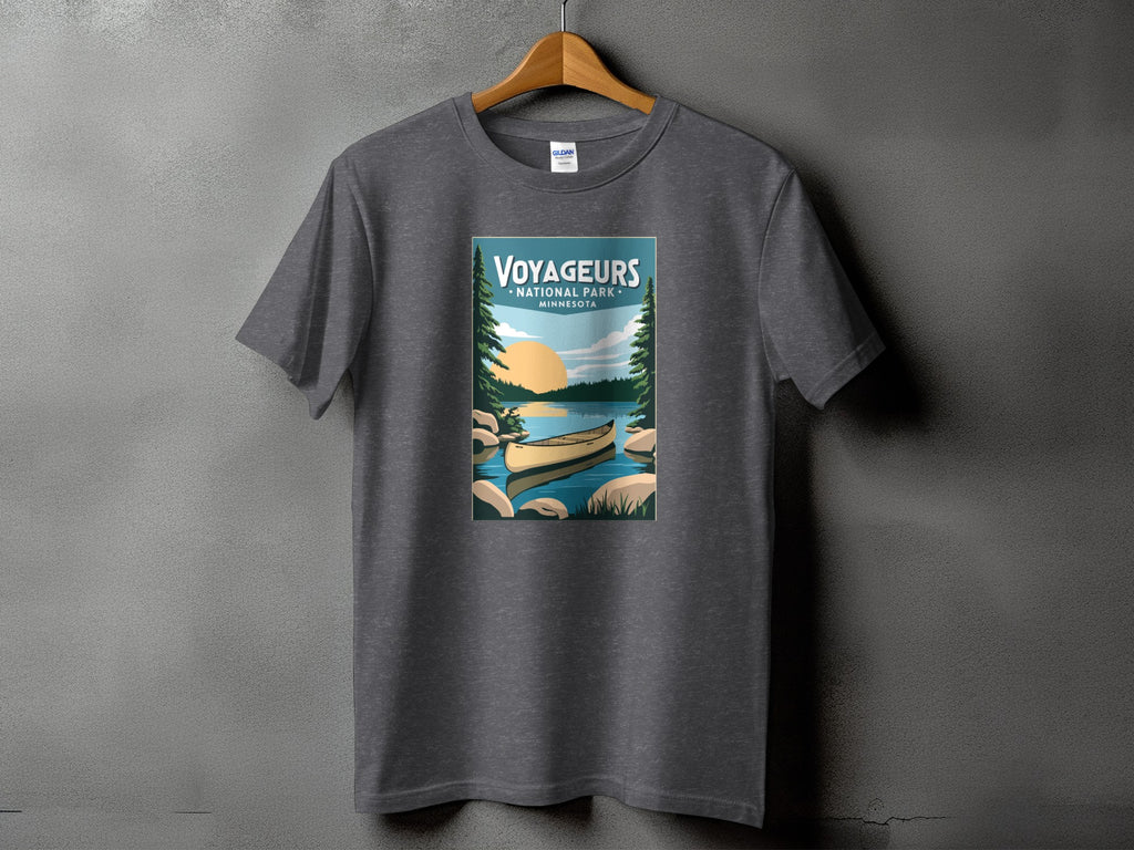 Voyageurs National Park Minnesota canoe and sunset graphic t-shirt on gray shirt.