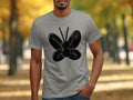 Grey t-shirt with a black balloon butterfly graphic on the front.