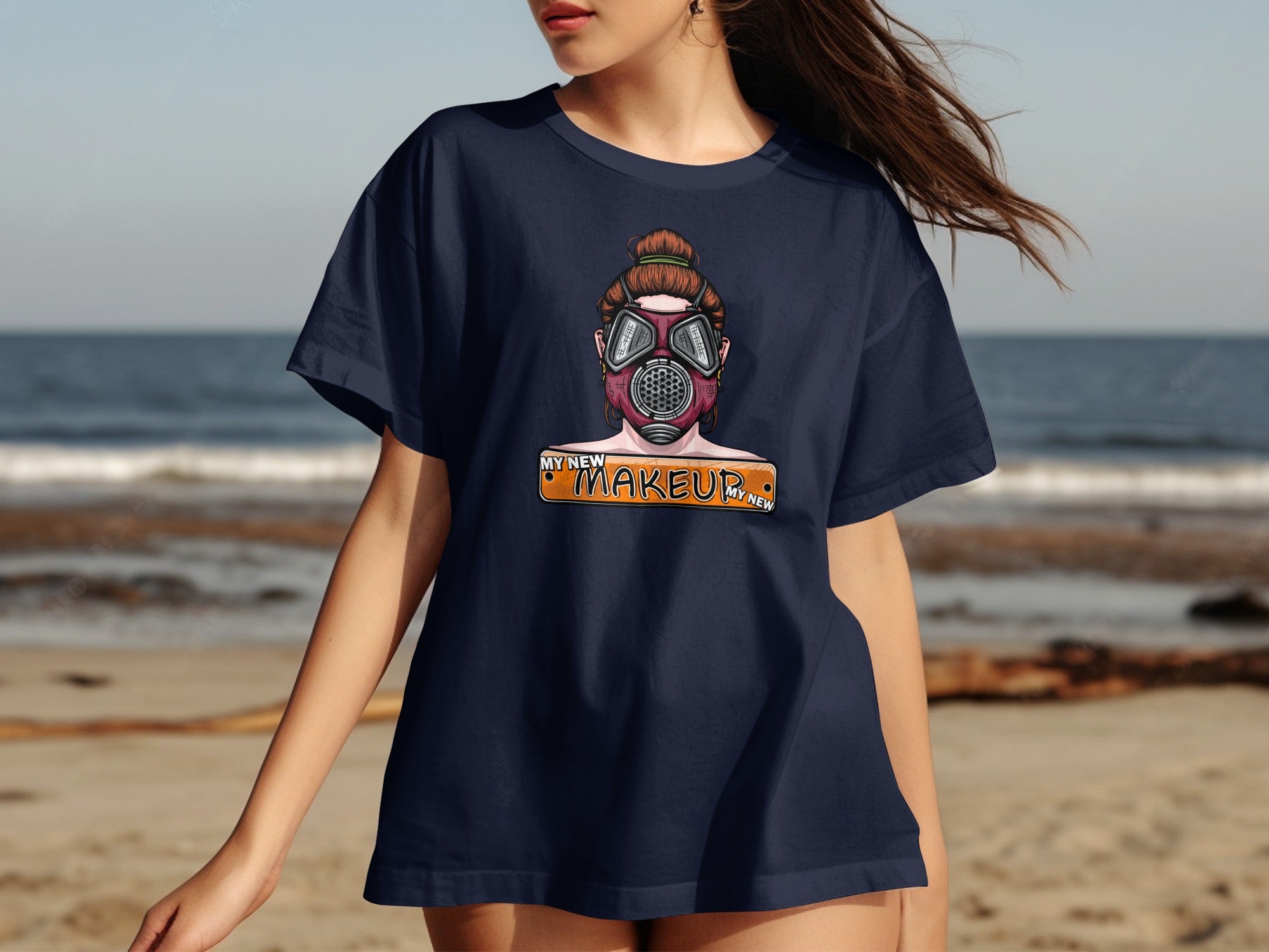Navy t-shirt with graphic of a woman wearing a gas mask and text "MY NEW MAKEUP".