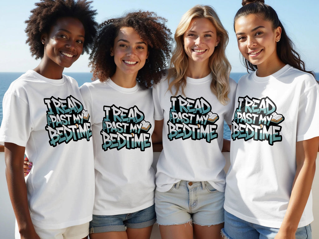 Four women wear white t-shirts with "I READ PAST MY BEDTIME" text and book graphics.