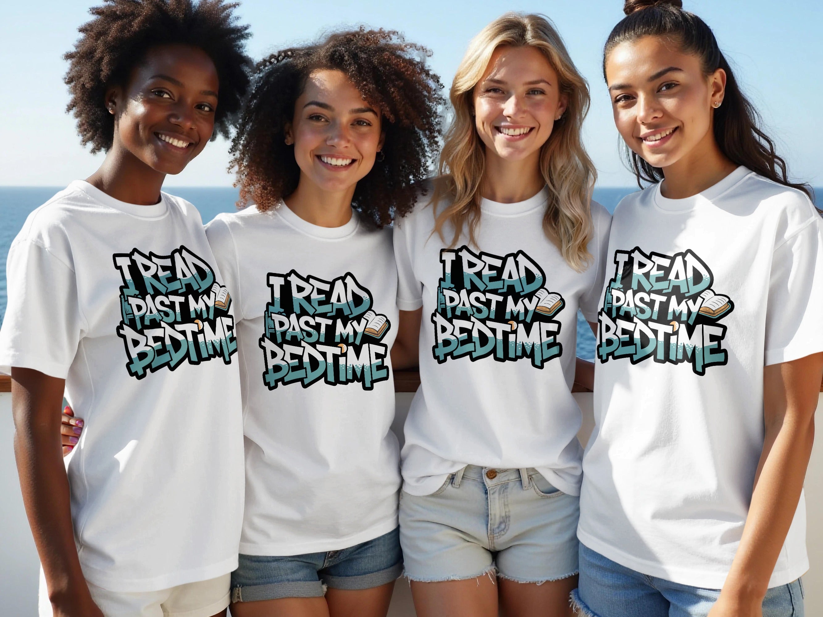 Four women wear white t-shirts with "I READ PAST MY BEDTIME" text and book graphics.