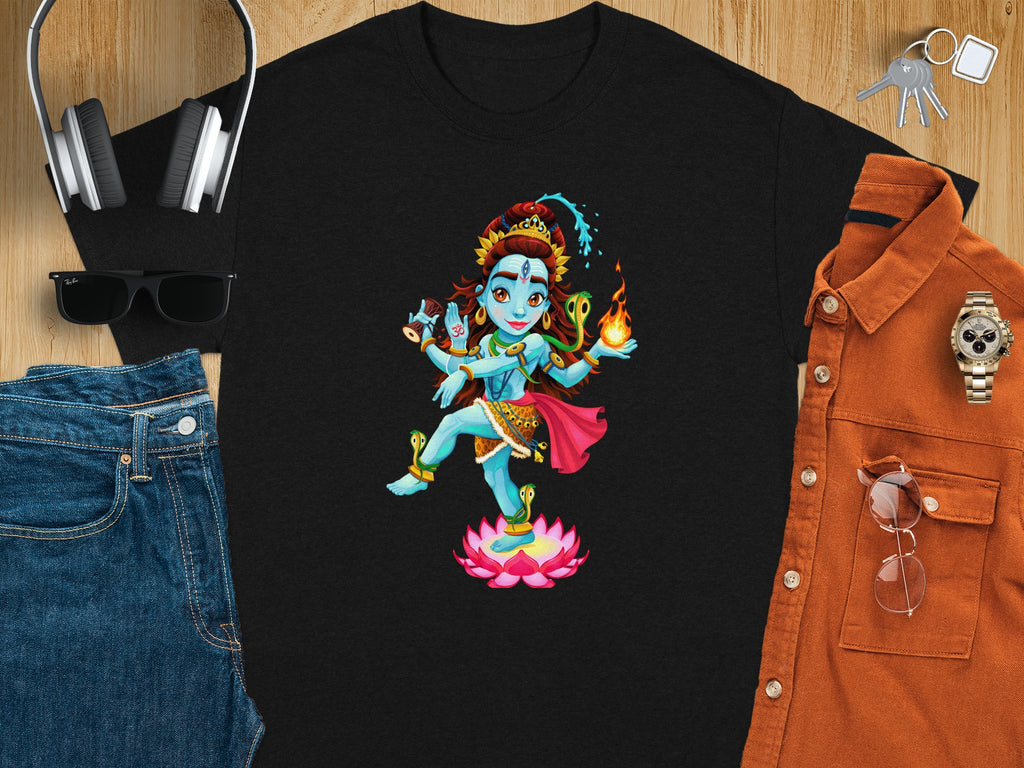 Black t-shirt featuring a blue cartoon deity dancing on a lotus flower.