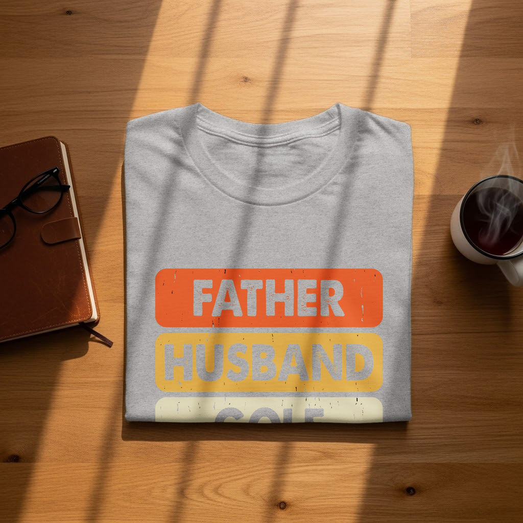 Gray t-shirt with text Father, Husband, Golf in horizontal blocks.