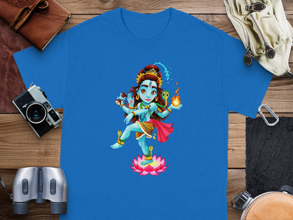 Cartoon depiction of a blue-skinned deity with multiple arms holding symbols on a blue t-shirt.