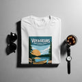 White t-shirt with Voyageurs National Park Minnesota graphic, canoe and sunset scene.