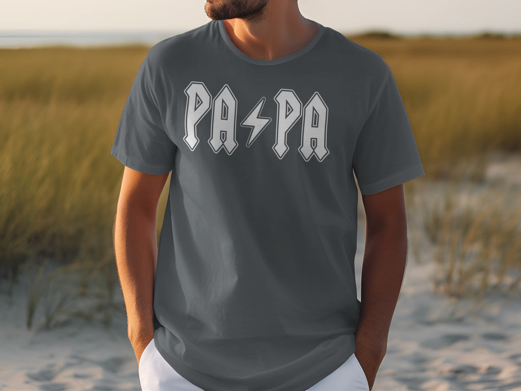 This dark gray t-shirt features the word PAPA with a lightning bolt between the two A's.