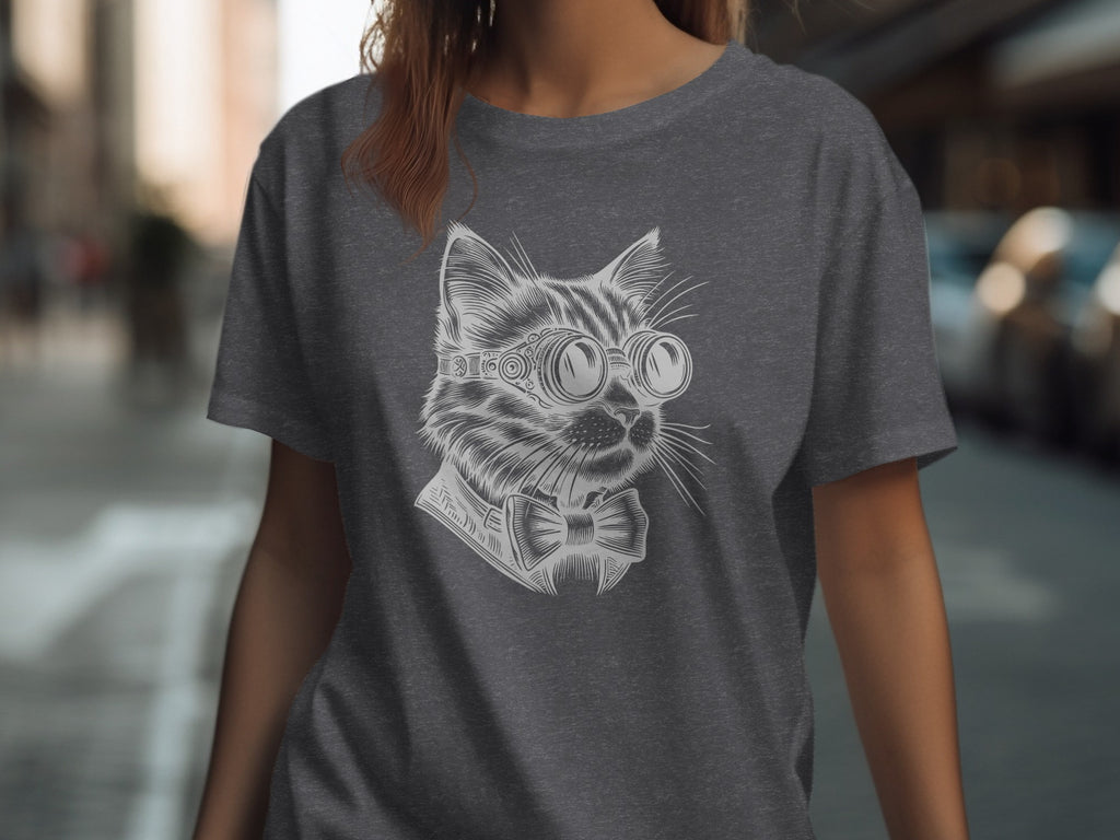 Dark grey t-shirt with a white line drawing of a cat wearing goggles and a bow tie.