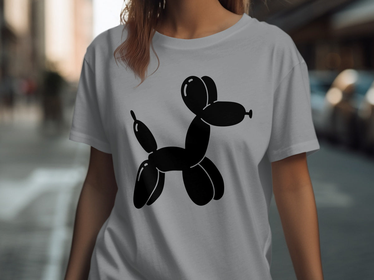 Grey t-shirt with a black balloon dog graphic on the chest.