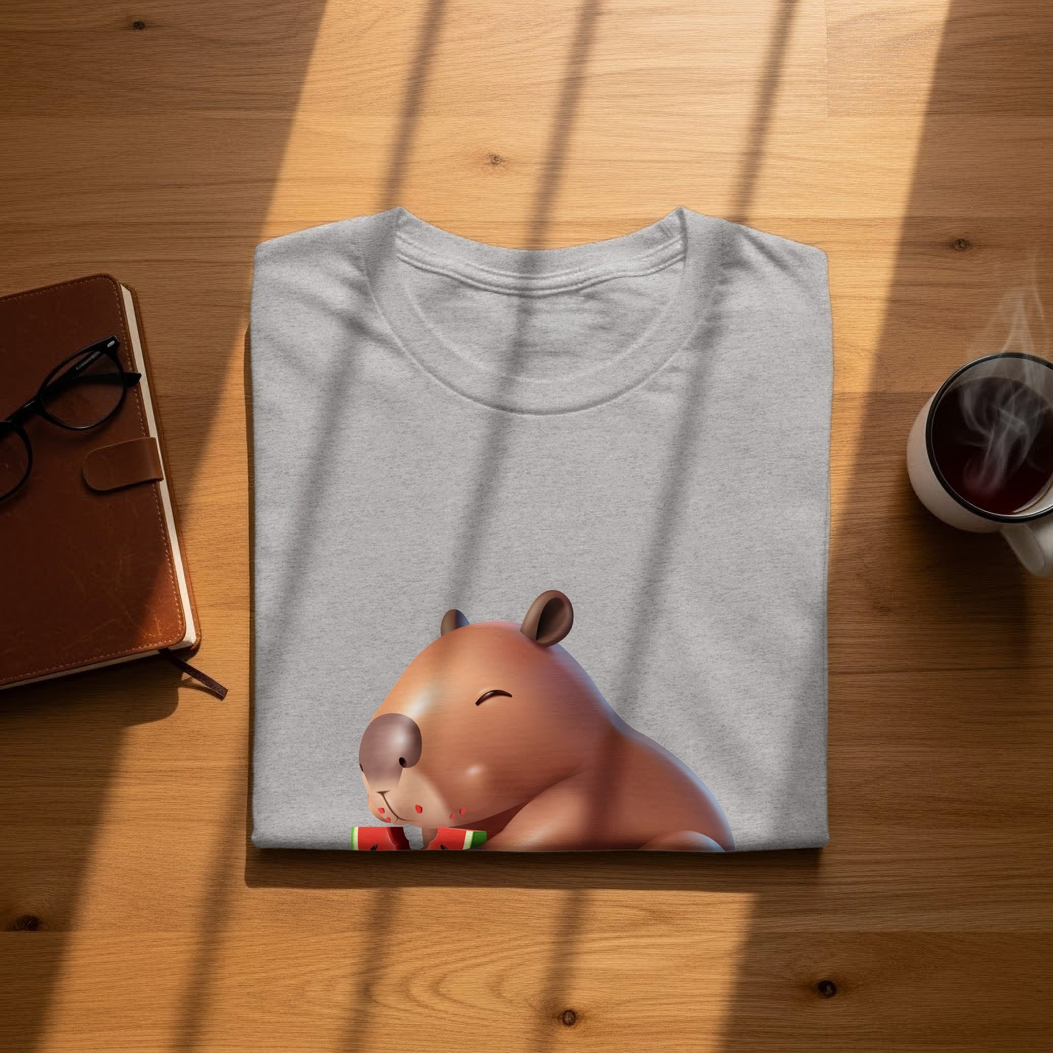 Gray t-shirt with a cartoon capybara eating watermelon slices